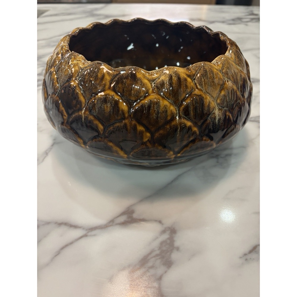 Judy of California Pottery Bowl Artichoke Planter Brown Drip Glaze Large MCM 11"